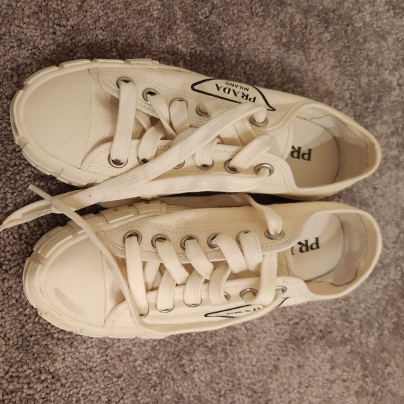 (Brand New) Prada Cotton Canvas Sneakers (Limited Ivory Color) Size 38 - Picture 1 of 8
